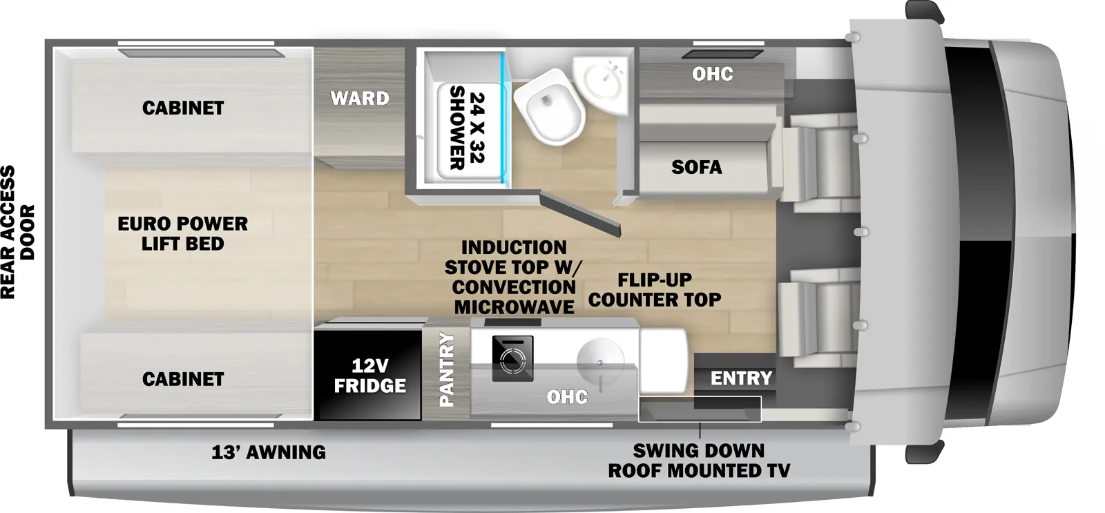 The Forester Classic 2031RP has one entry and zero slide outs. Exterior features include: 13' awning. Interiors features include: rear bedroom.